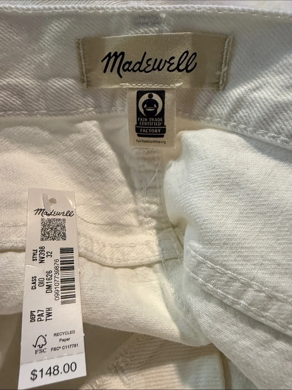 Madewell The Dean Easy Straight Crop White Cotton Torn Denim Jean Size 32 NWT